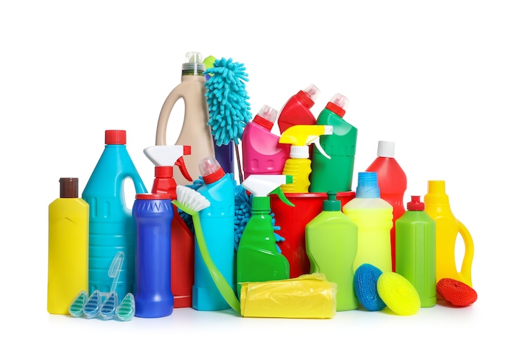 Photo chemical cleaning supplies isolated on white background