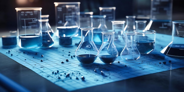 Chemical elements and beakers sit on a table