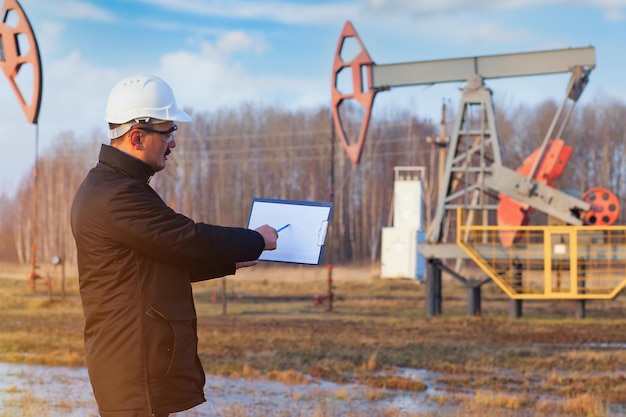 A chemical engineer in a white helmet holds a tablet with an
oil production schedule in his hands while standing on a field with
oil rockers