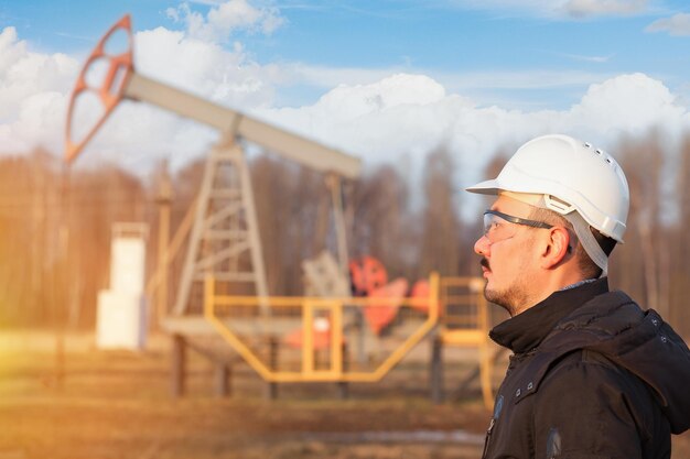 A chemical engineer in a white protective helmet stands against the background of an oil rocking chair