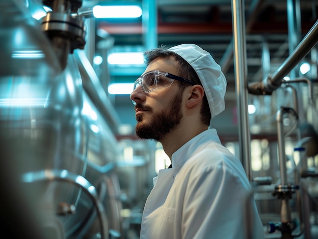 A chemical engineer with protective glasses inspects equipment in a hightech industrial facility