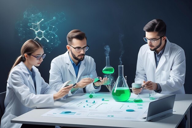 Chemical Experiment Monitoring Scientists Discussing Research Results Vector Illustration