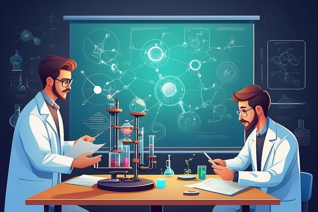 Chemical Experiment Monitoring Scientists Discussing Research Results Vector Illustration