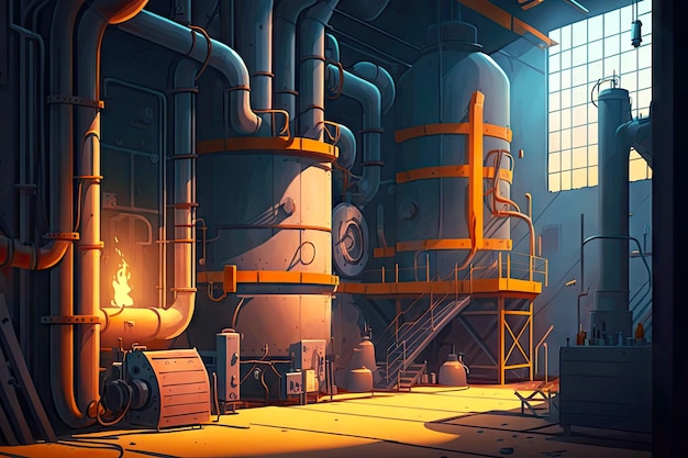 Chemical factory and oil industry workshop interior with furnaces pipes and pumps for processing generative ai