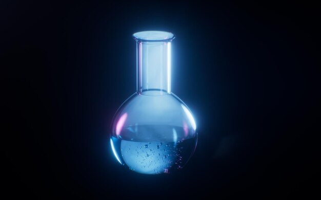 Chemical flask with dark neon light effect 3d rendering