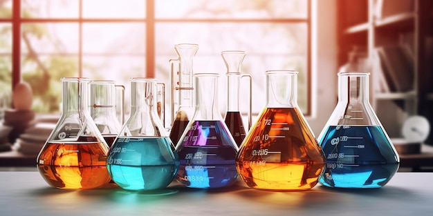 chemical flasks with colorful liquids