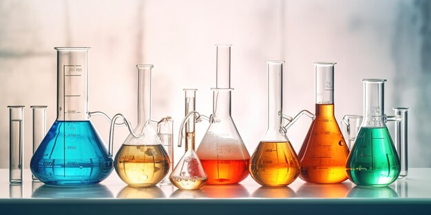 Фото Химические колбы с цветными жидкостями