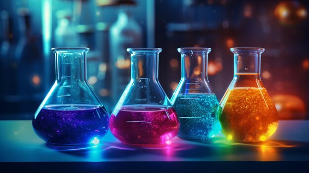 Chemical flasks with reagents laboratory glassware