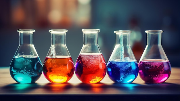 Chemical flasks with reagents laboratory glassware