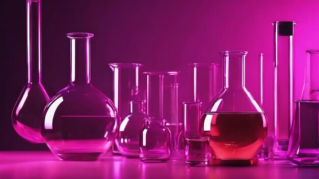 Chemical glassware close up on neon pinkpurple