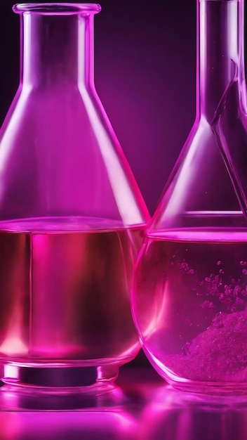 Chemical glassware close up on neon pinkpurple