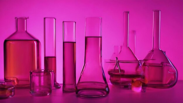 Chemical glassware close up on neon pinkpurple