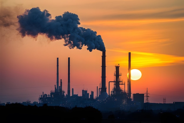 Chemical industry emits black smoke from chimney against sunset backdrop