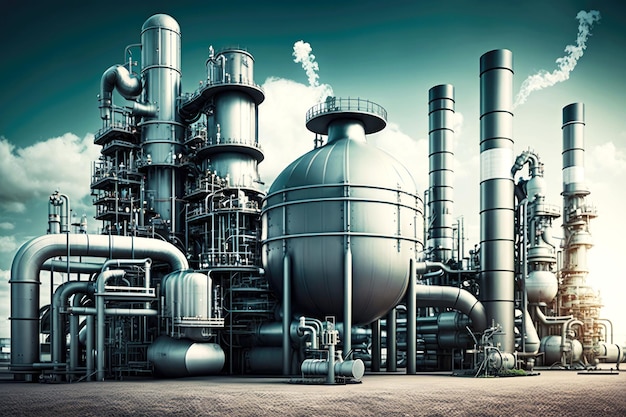 Панорама завода химической промышленности с трубами, резервуарами и трубопроводами, генеративным искусственным интеллектом
