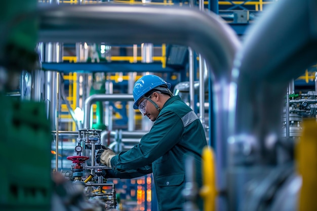 Chemical industry plant workers wearing uniform eye shield glasses and hard hat checking pipes and