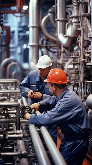 Foto lavoratori di impianti dell'industria chimica in abiti da lavoro in una raffineria con tubi e macchinari