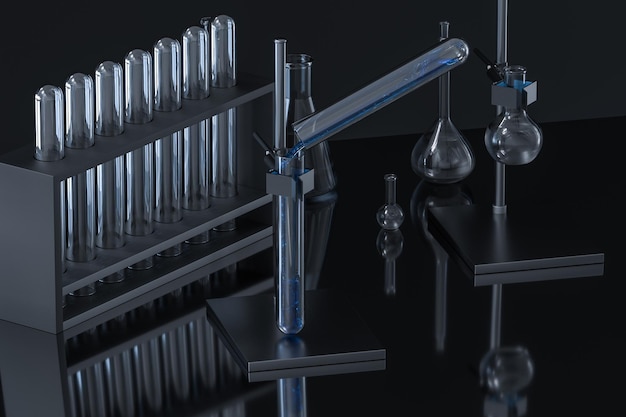 Photo chemical instruments and reagents in the lab 3d rendering