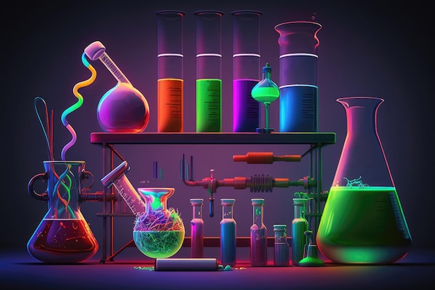 Chemical Lab With Colorful Beakers And Flasks Generative AI