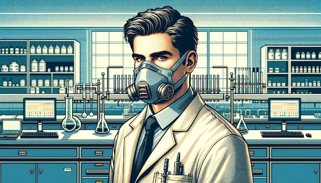 化学実験室の医師制服と安全マスクを着た男性