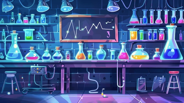 Photo a chemical laboratory interior with glass flasks tubes and beakers as well as a blackboard against the wall modern cartoon illustration of a chemist working in a lab to do science research or