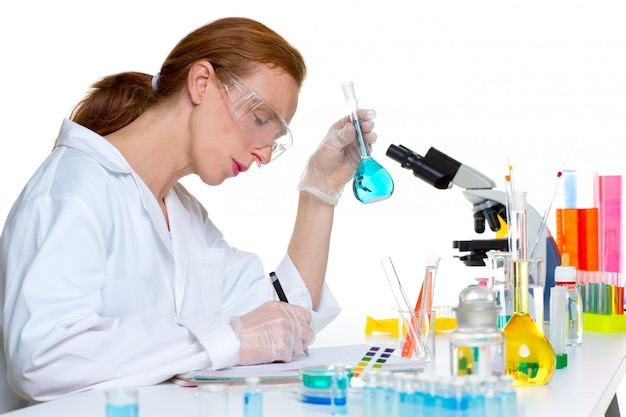 chemical laboratory scientist woman with glass flask