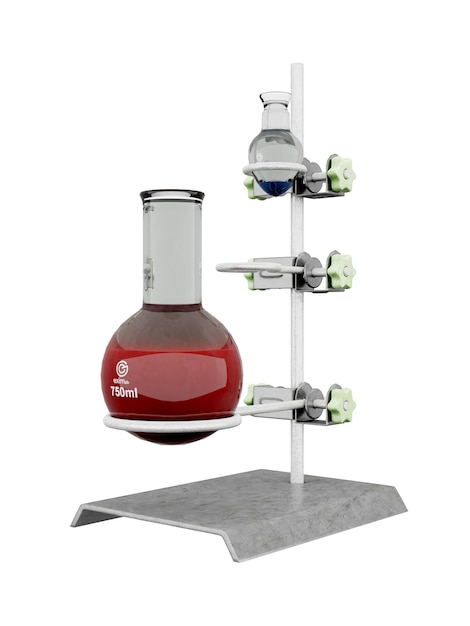 흰색 배경에 있는 화학 실험실 도자기 플라스크가 있는 실험실 스탠드 3d 렌더링
