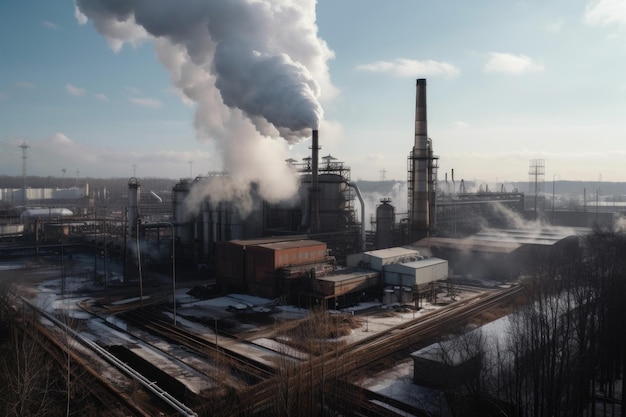 Chemical plant with smoke plumes and steam rising from the chimneys created with generative ai