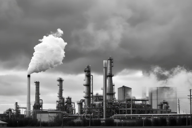 Chemical plant with smoke and steam rising from the chimneys created with generative ai