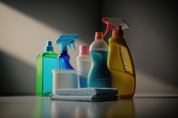 어두운 배경에 화학 중독 청소 용품 병 청소 서비스 AI 생성