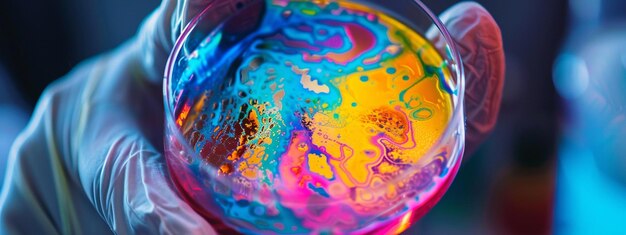 Photo chemical reaction in a petri dish closeup