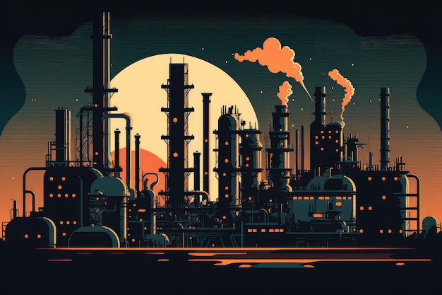 Chemical refinery plant at dusk with glowing smokestacks and machinery