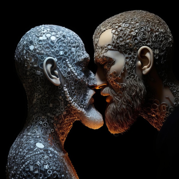 Chemical Romance A Photorealistic Sculpture of Two Molecular Heads Locked in a Kiss Portraying Lov