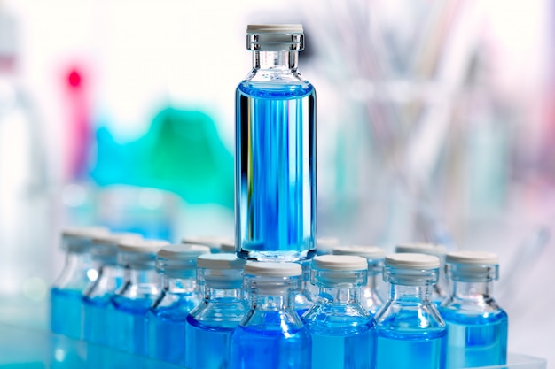 Chemical scientific laboratory blue glass bottles