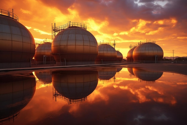 Chemical storage tanks in an industrial facility at sunset created with generative ai