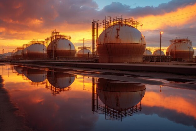 Chemical storage tanks in an industrial facility at sunset created with generative ai