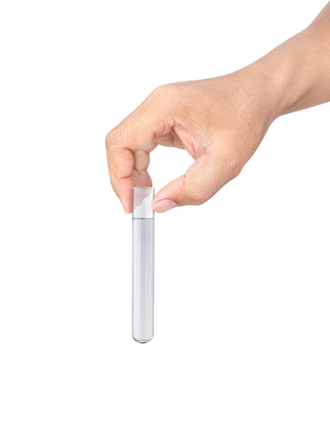 Chemical test tube in hand on white isolated background