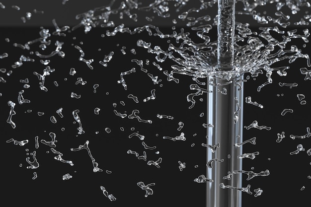 Foto provetta chimica e spruzzi d'acqua nel rendering 3d del laboratorio