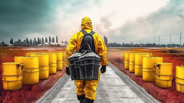 Chemical worker carrying canisters with hazardous materials generated ai