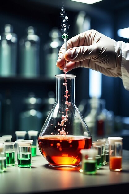 chemicuswetenschapper die chemische vloeistof met de hand in een testbuis laat vallen wetenschappelijk onderzoek en ontwikkelingsconcept
