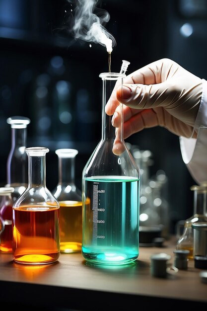 chemicuswetenschapper die chemische vloeistof met de hand in een testbuis laat vallen wetenschappelijk onderzoek en ontwikkelingsconcept