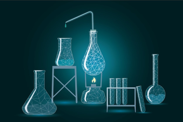Chemie ervaring concept met glazen kolven en reageerbuizen illustratie en donkere abstracte achtergrond
