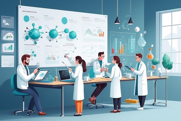 Chemisch experiment Monitoring Wetenschappers bespreken onderzoeksresultaten Vector illustratie