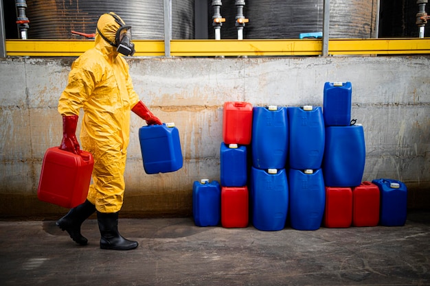 Chemisch werker in hazmat-beschermingspak en gasmasker met bussen met gevaarlijk materiaal