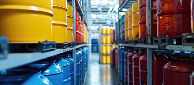 Foto chemische containers die in de fabriek worden opgeslagen