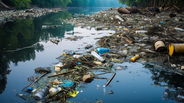 Chemische vervuiling die het aquatische leven in rivieren beïnvloedt