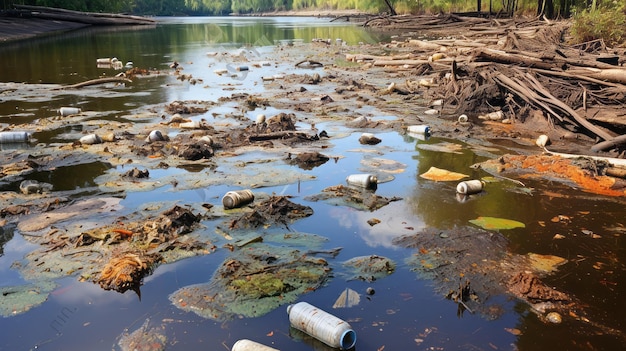 Chemische vervuiling die het aquatische leven in rivieren beïnvloedt