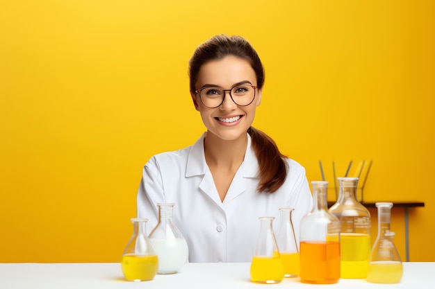 Chemist with copy space on yellow background