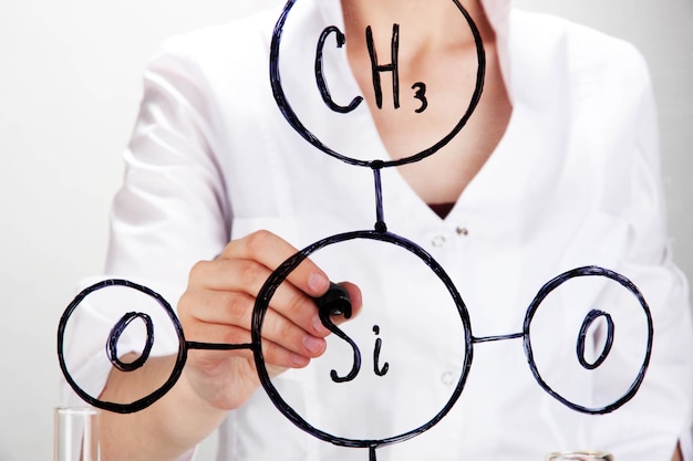 Chemist woman writing formulas on glass on grey background