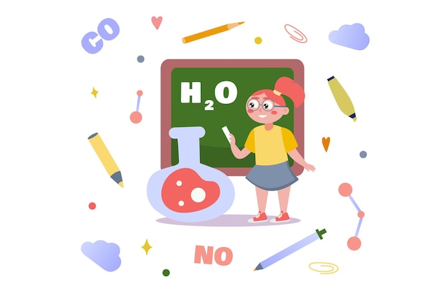 Chemistry concept with people scene in flat cartoon design In this picture a schoolgirl is happy