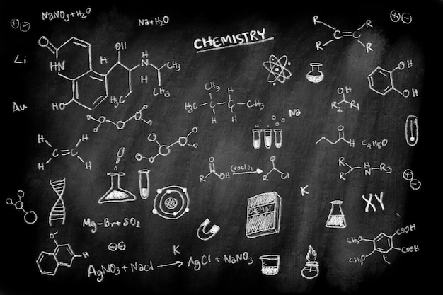 Doodle di formula formula chimica sul concetto di lavagna di gesso
